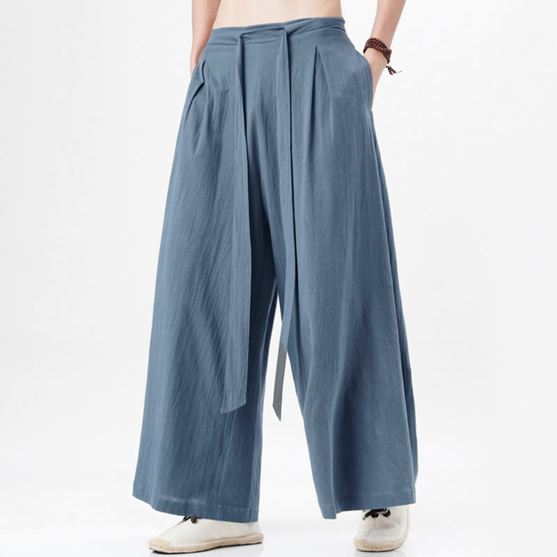 Buddha Stones Frühlings-Freizeitsport-Kordelzug-Design Herren-Baumwollleinen-Hose mit weitem Bein und Taschen