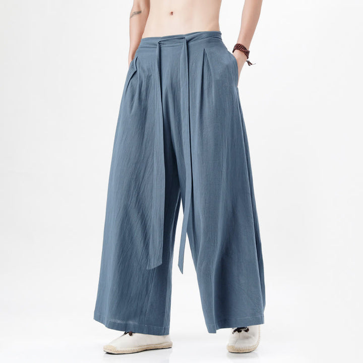 Buddha Stones Frühlings-Freizeitsport-Kordelzug-Design Herren-Baumwollleinen-Hose mit weitem Bein und Taschen