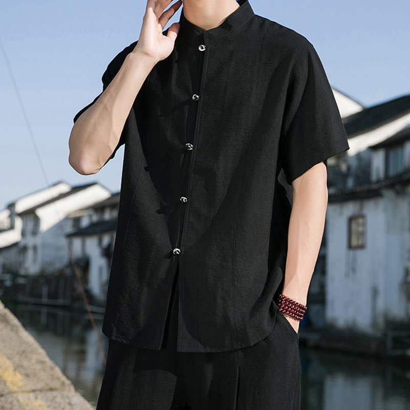 Buddha Stones Sommer Einfarbiges Herrenhemd aus Baumwolle mit halben Ärmeln und Knopfleiste vorne - image 14