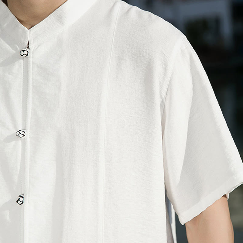 Buddha Stones Sommer Einfarbiges Herrenhemd aus Baumwolle mit halben Ärmeln und Knopfleiste vorne - image 10