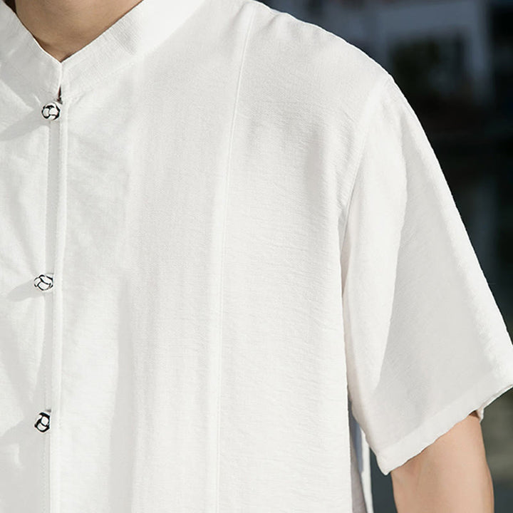 Buddha Stones Sommer Einfarbiges Herrenhemd aus Baumwolle mit halben Ärmeln und Knopfleiste vorne - image 10