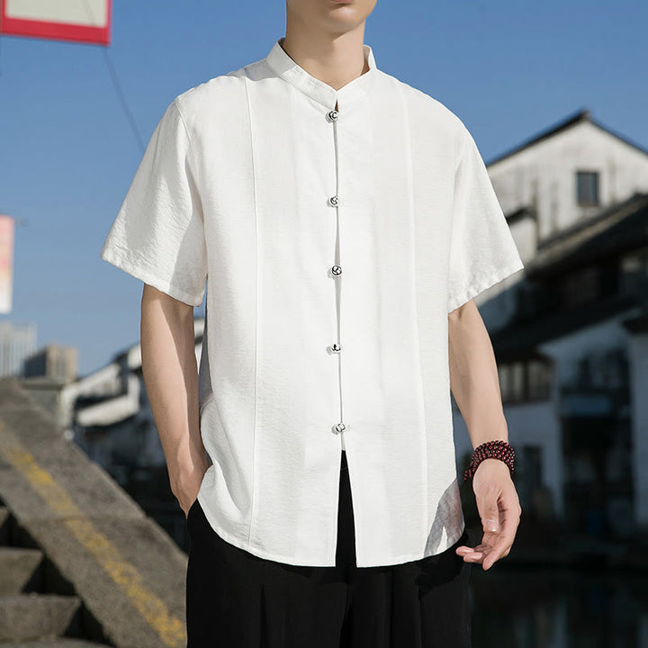Buddha Stones Sommer Einfarbiges Herrenhemd aus Baumwolle mit halben Ärmeln und Knopfleiste vorne - image 2