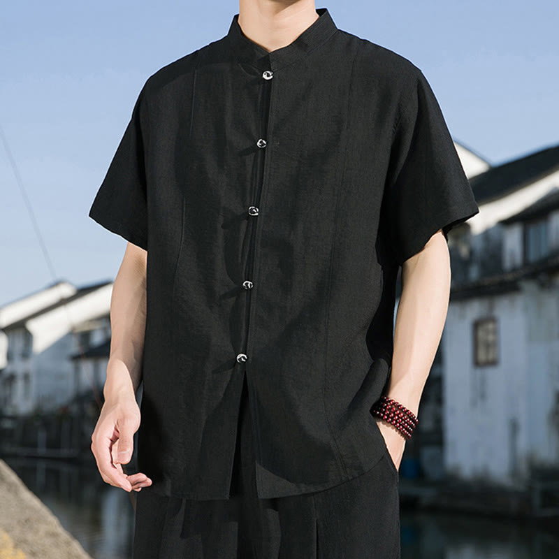 Buddha Stones Sommer Einfarbiges Herrenhemd aus Baumwolle mit halben Ärmeln und Knopfleiste vorne - image 13