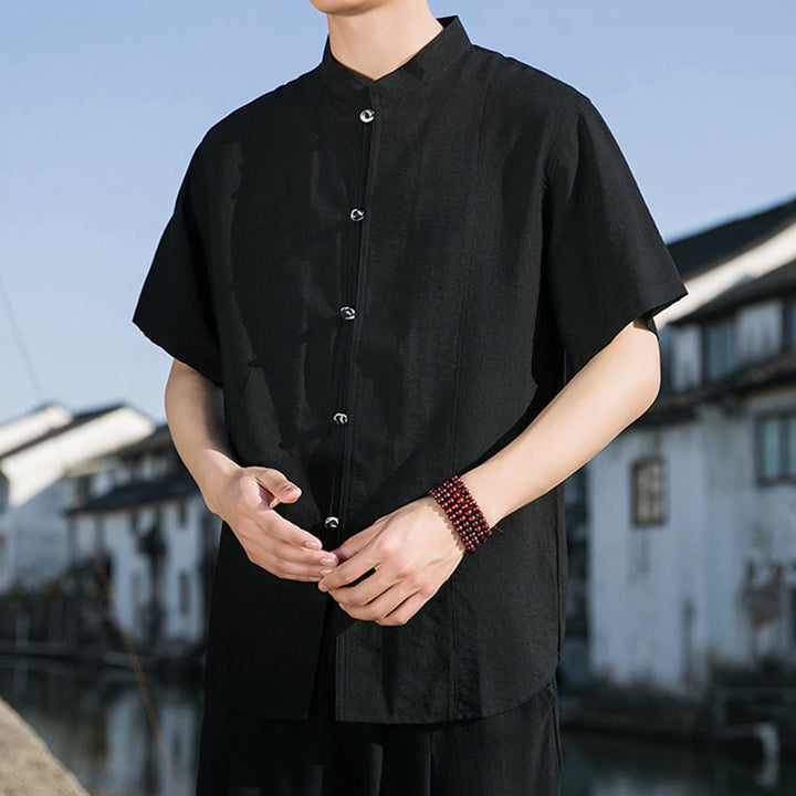 Buddha Stones Sommer Einfarbiges Herrenhemd aus Baumwolle mit halben Ärmeln und Knopfleiste vorne - image 17