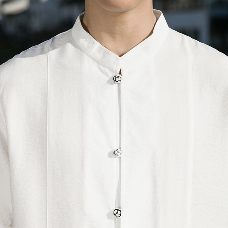 Buddha Stones Sommer Einfarbiges Herrenhemd aus Baumwolle mit halben Ärmeln und Knopfleiste vorne - image 9