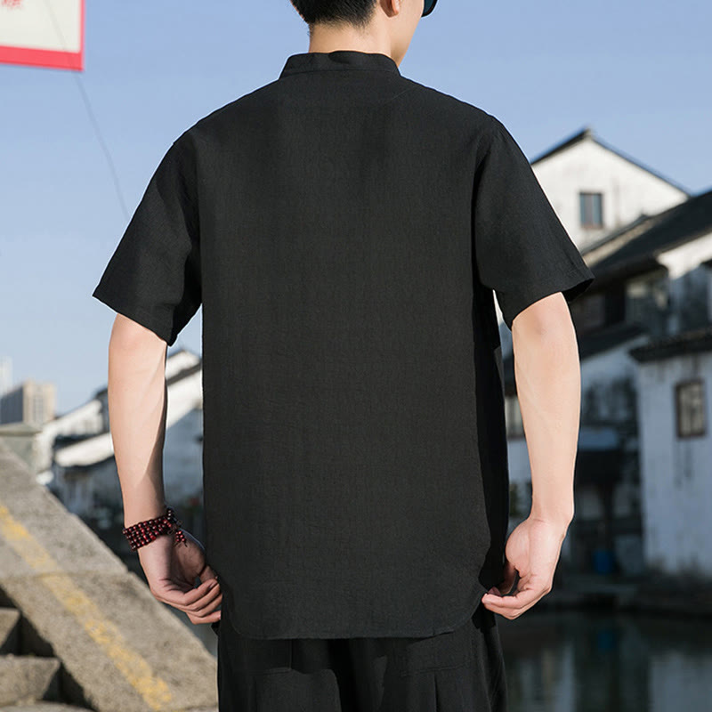 Buddha Stones Sommer Einfarbiges Herrenhemd aus Baumwolle mit halben Ärmeln und Knopfleiste vorne - image 15