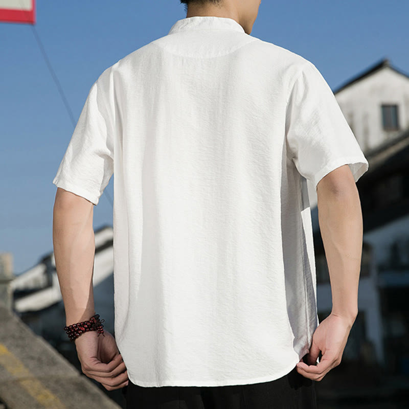 Buddha Stones Sommer Einfarbiges Herrenhemd aus Baumwolle mit halben Ärmeln und Knopfleiste vorne - image 8