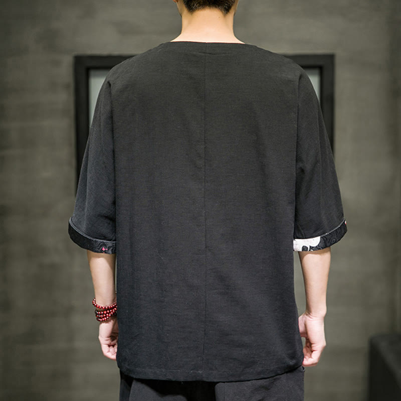 Buddha Stones Sommer Retro Einfarbig Patchwork Design Herren Dreiviertelärmel Baumwoll-Leinen-T-Shirt - image 3