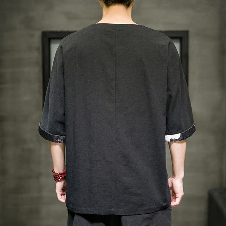 Buddha Stones Sommer Retro Einfarbig Patchwork Design Herren Dreiviertelärmel Baumwoll-Leinen-T-Shirt - image 3
