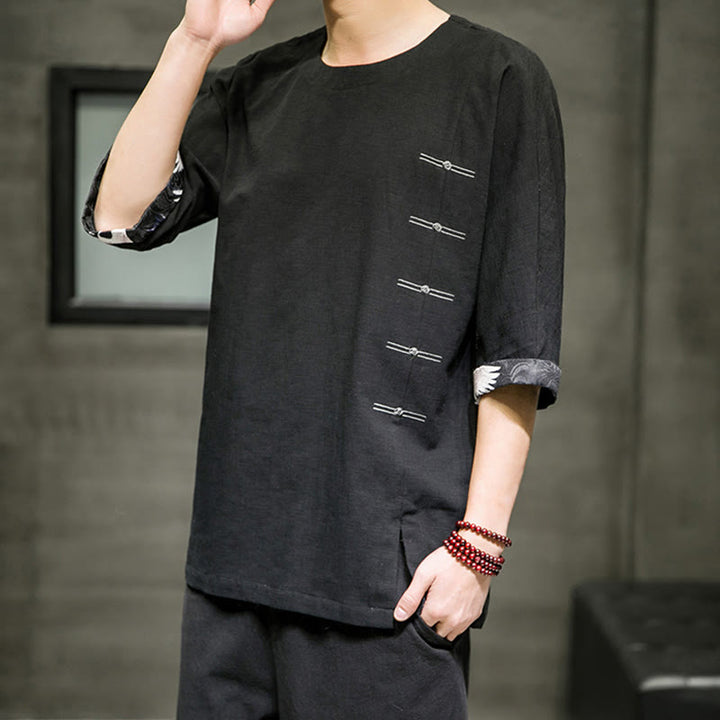 Buddha Stones Sommer Retro Einfarbig Patchwork Design Herren Dreiviertelärmel Baumwoll-Leinen-T-Shirt - image 2