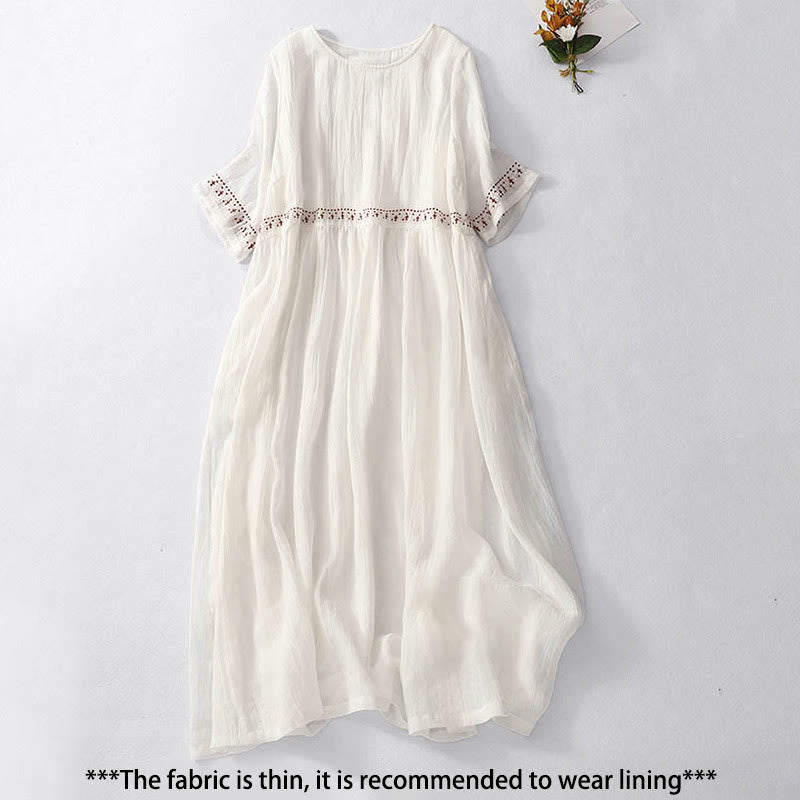 Buddha Stones, einfarbige Stickerei, kurzärmeliges Baumwoll-Midikleid mit Taschen - image 1