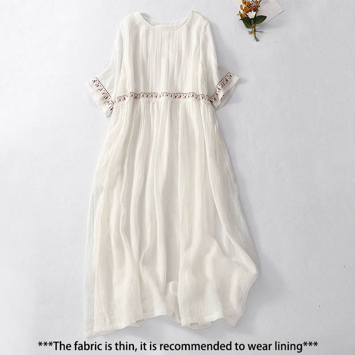 Buddha Stones, einfarbige Stickerei, kurzärmeliges Baumwoll-Midikleid mit Taschen - image 1