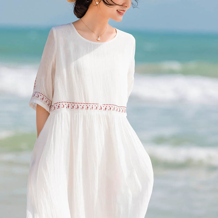 Buddha Stones Einfarbig Besticktes Kurzarmkleid aus Ramie-Leinen in Midi-Länge