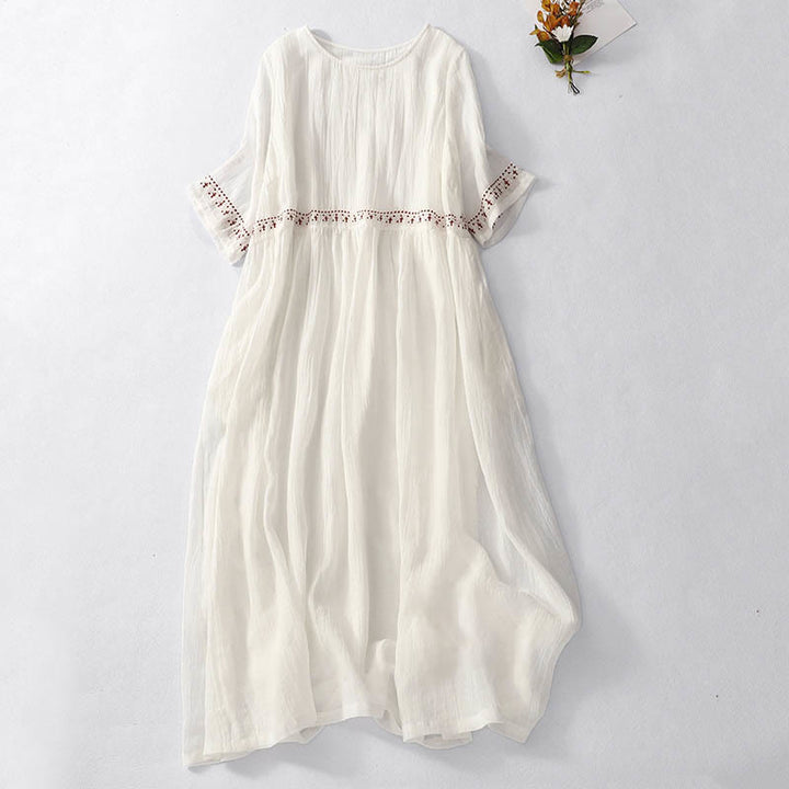 Kurzärmliges Midikleid aus Baumwolle mit Buddha Stones -Stickerei in Volltonfarbe - Weiß - US12， UK/AU16，EU44 (2XL) - image 5