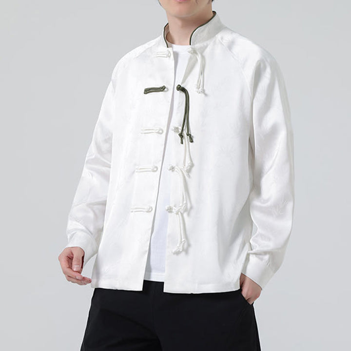 Buddha Stones Spring Jacquard Bambusblätter Muster Chinesischer Frosch-Knopf-Design Herren Langarmhemd - image 14
