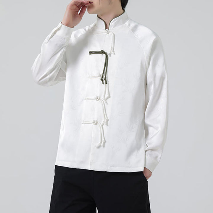 Buddha Stones Spring Jacquard Bambusblätter Muster Chinesischer Frosch-Knopf-Design Herren Langarmhemd - image 15