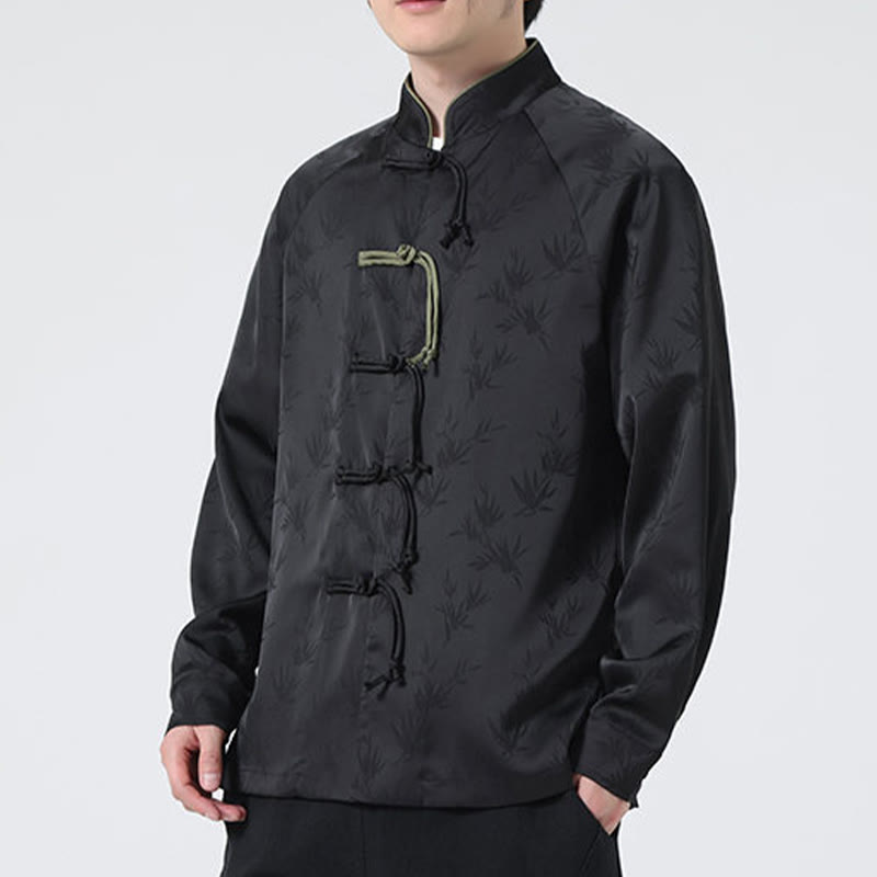 Buddha Stones Spring Jacquard Bambusblätter Muster Chinesischer Frosch-Knopf-Design Herren Langarmhemd - image 22