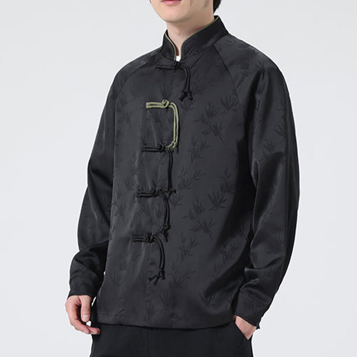 Buddha Stones Spring Jacquard Bambusblätter Muster Chinesischer Frosch-Knopf-Design Herren Langarmhemd - image 22