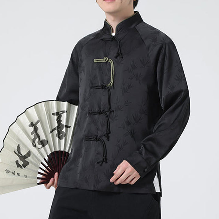Buddha Stones Spring Jacquard Bambusblätter Muster Chinesischer Frosch-Knopf-Design Herren Langarmhemd - image 24