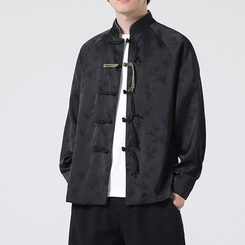 Buddha Stones Spring Jacquard Bambusblätter Muster Chinesischer Frosch-Knopf-Design Herren Langarmhemd - image 19