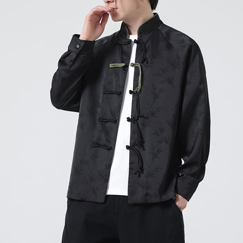 Buddha Stones Spring Jacquard Bambusblätter Muster Chinesischer Frosch-Knopf-Design Herren Langarmhemd - image 24