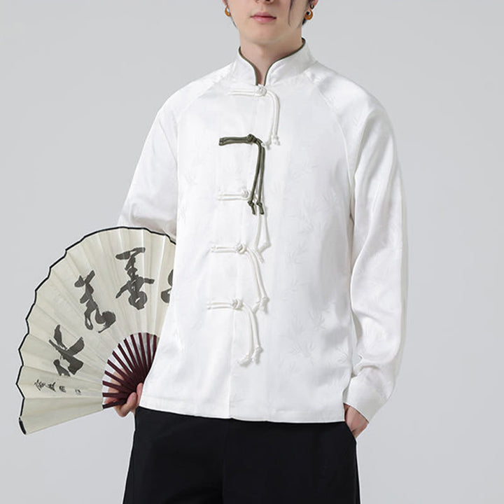 Buddha Stones Spring Jacquard Bambusblätter Muster Chinesischer Frosch-Knopf-Design Herren Langarmhemd - image 17