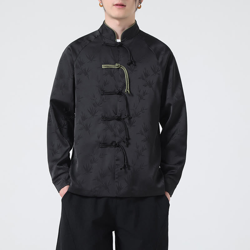 Buddha Stones Spring Jacquard Bambusblätter Muster Chinesischer Frosch-Knopf-Design Herren Langarmhemd - Schwarz - US/ UK/AU46, EU56 (5XL) - image 18
