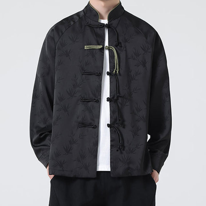 Buddha Stones Spring Jacquard Bambusblätter Muster Chinesischer Frosch-Knopf-Design Herren Langarmhemd - image 25