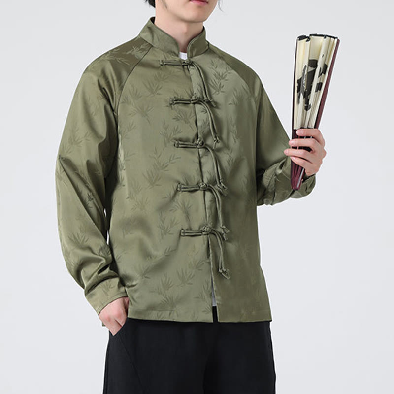Buddha Stones Spring Jacquard Bambusblätter Muster Chinesischer Frosch-Knopf-Design Herren Langarmhemd - image 2