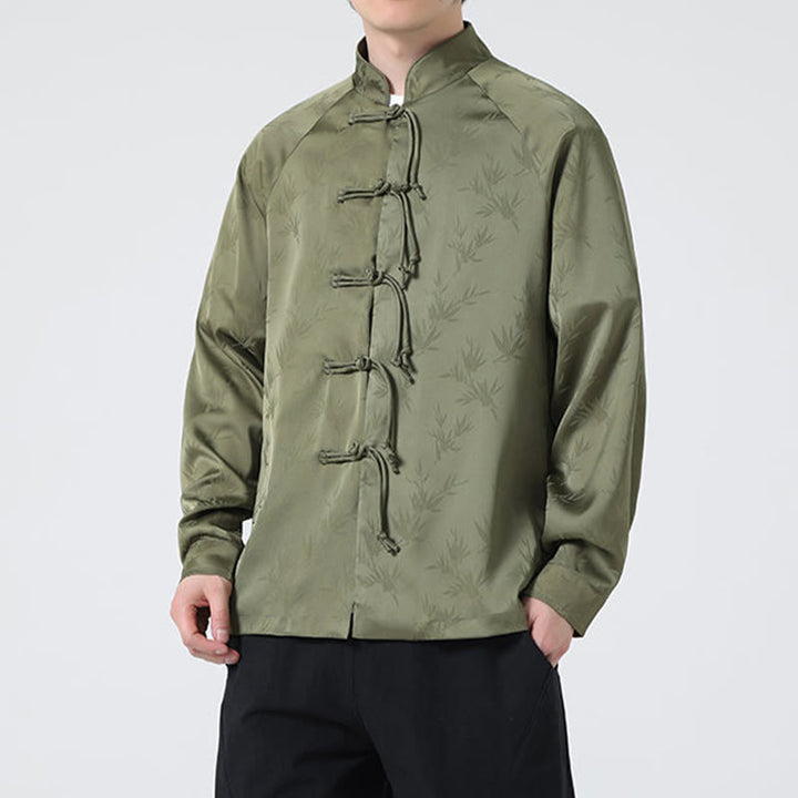 Buddha Stones Spring Jacquard Bambusblätter Muster Chinesischer Frosch-Knopf-Design Herren Langarmhemd - image 4
