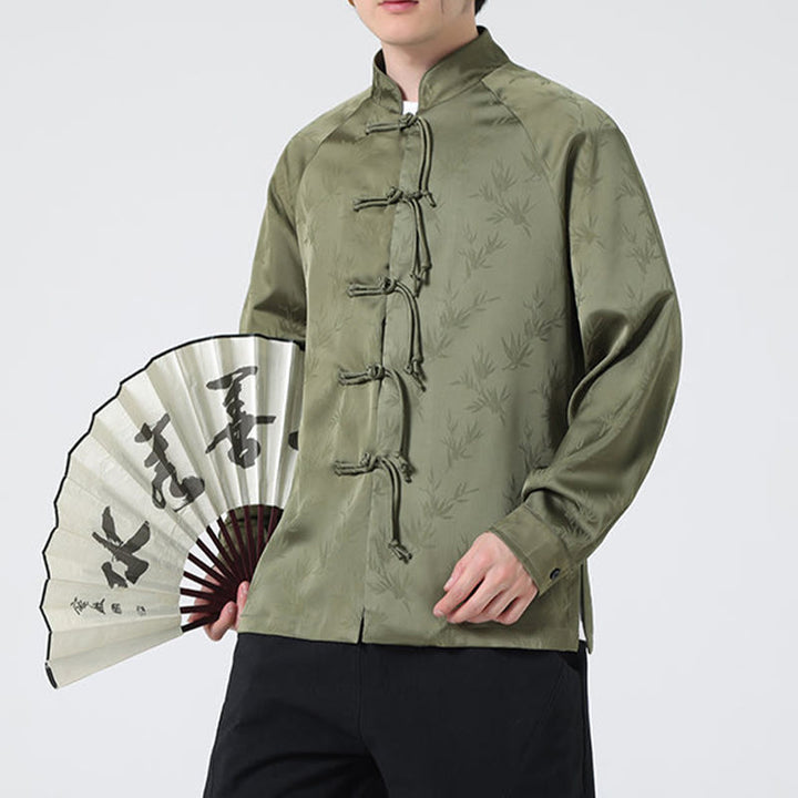 Buddha Stones Spring Jacquard Bambusblätter Muster Chinesischer Frosch-Knopf-Design Herren Langarmhemd - Olivgrün - US/ UK/AU46, EU56 (5XL) - image 0