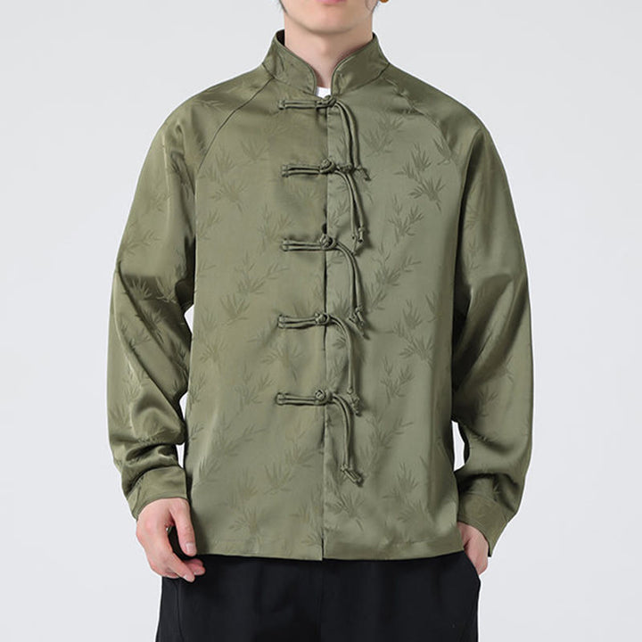 Buddha Stones Spring Jacquard Bambusblätter Muster Chinesischer Frosch-Knopf-Design Herren Langarmhemd - image 2