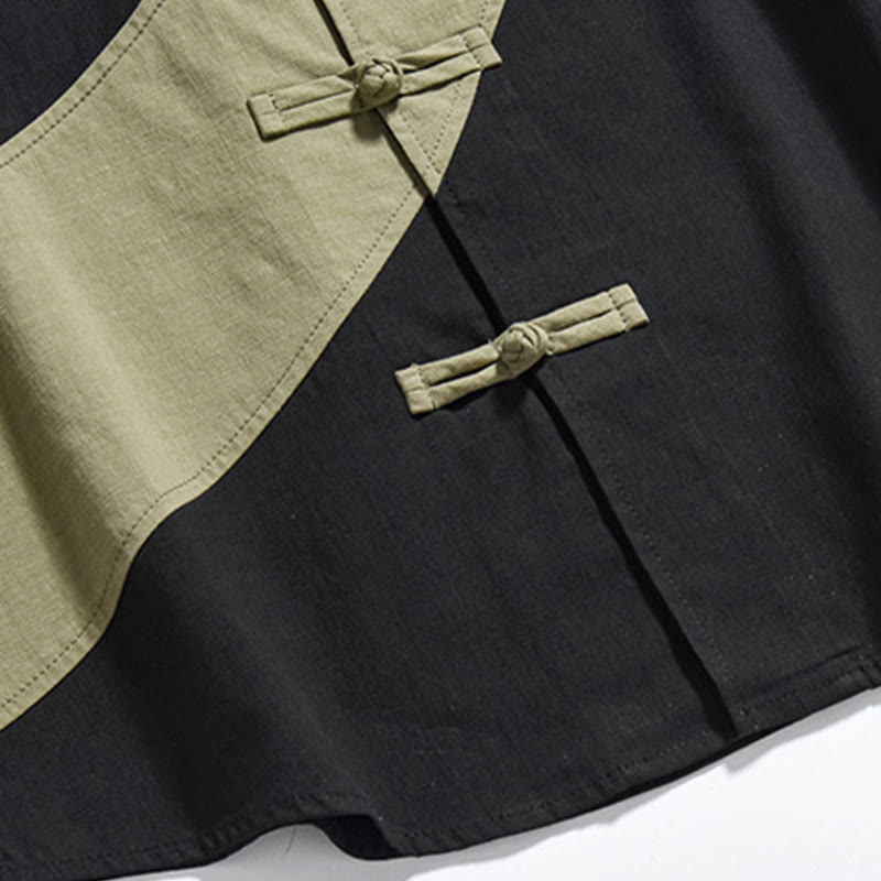 Buddha Stones Frühlingsfarbenkontrast Chinesisches Froschknopf-Design Herrenhemd aus Baumwolle und Leinen mit halben Ärmeln - image 8