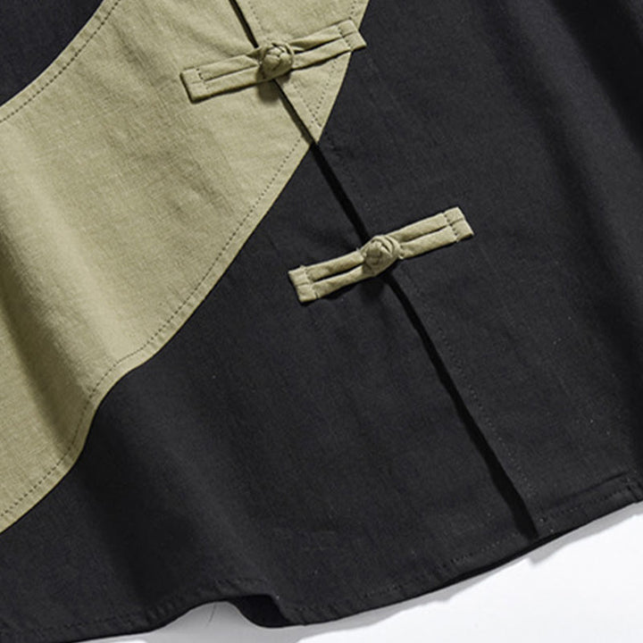 Buddha Stones Frühlingsfarbenkontrast Chinesisches Froschknopf-Design Herrenhemd aus Baumwolle und Leinen mit halben Ärmeln - image 8