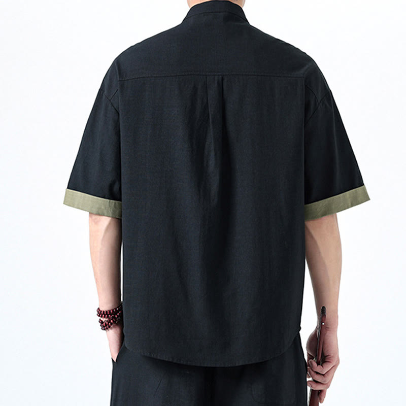 Buddha Stones Frühlingsfarbenkontrast Chinesisches Froschknopf-Design Herrenhemd aus Baumwolle und Leinen mit halben Ärmeln - image 1