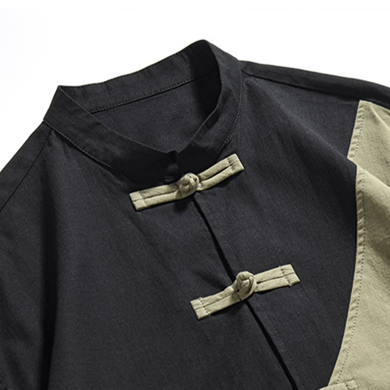 Buddha Stones Frühlingsfarbenkontrast Chinesisches Froschknopf-Design Herrenhemd aus Baumwolle und Leinen mit halben Ärmeln - image 7