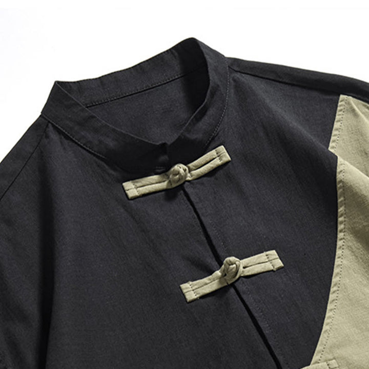 Buddha Stones Frühlingsfarbenkontrast Chinesisches Froschknopf-Design Herrenhemd aus Baumwolle und Leinen mit halben Ärmeln - image 7