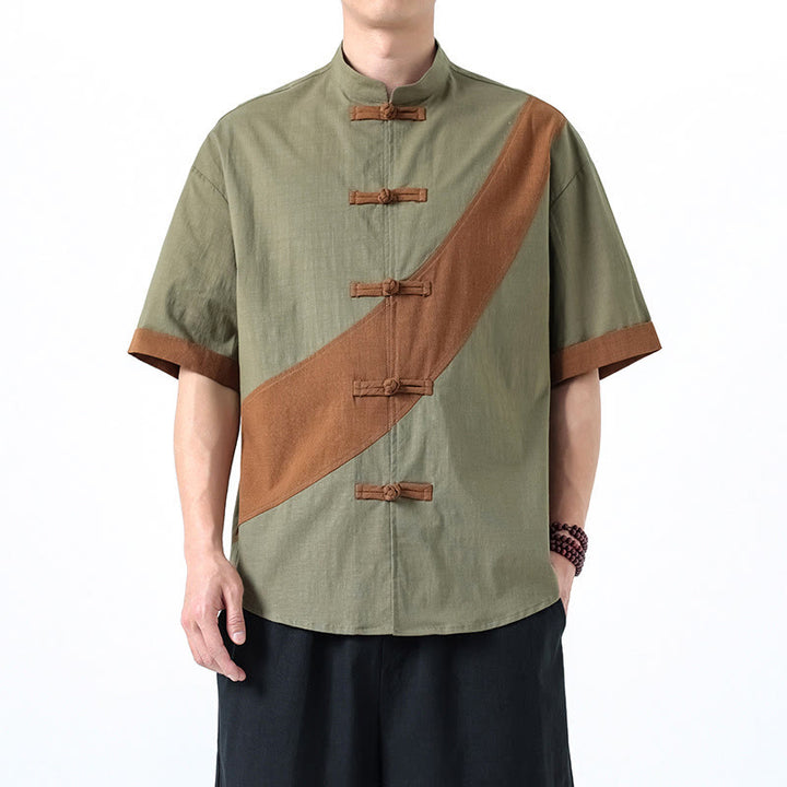 Buddha Stones Frühlingsfarbenkontrast Chinesisches Froschknopf-Design Herrenhemd aus Baumwolle und Leinen mit halben Ärmeln - Dunkelmeergrün - US/ UK/AU46, EU56 (5XL) - image 10