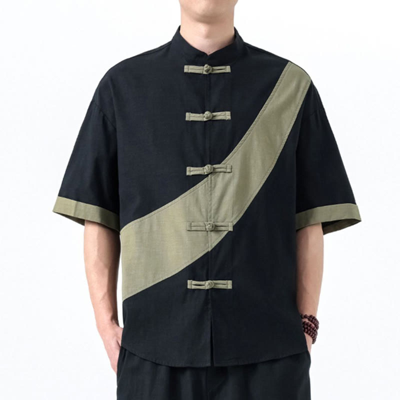 Buddha Stones Frühlingsfarbenkontrast Chinesisches Froschknopf-Design Herrenhemd aus Baumwolle und Leinen mit halben Ärmeln - image 2