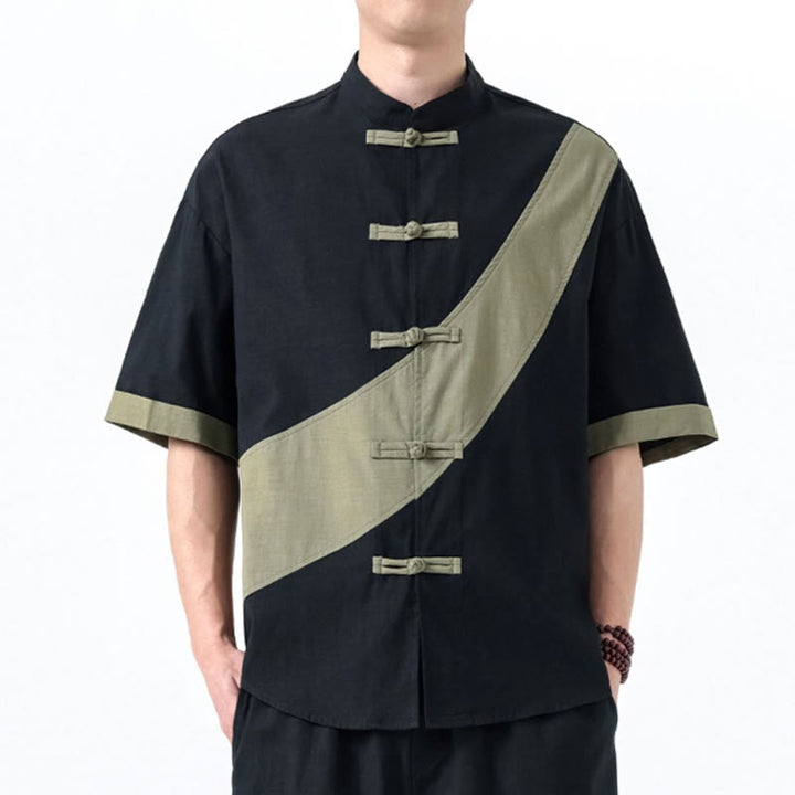 Buddha Stones Frühlingsfarbenkontrast Chinesisches Froschknopf-Design Herrenhemd aus Baumwolle und Leinen mit halben Ärmeln - image 2