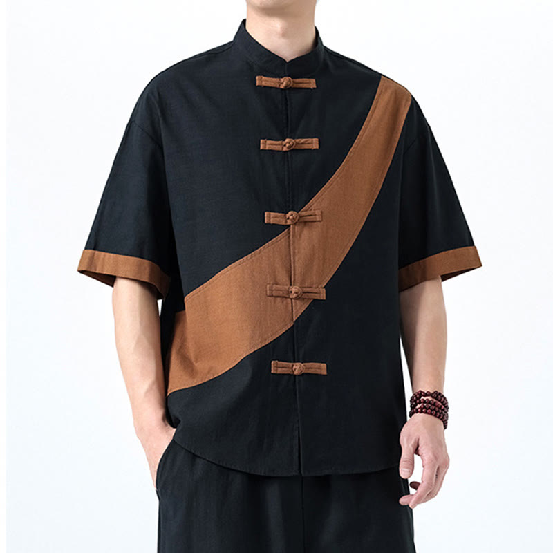 Buddha Stones Frühlingsfarbenkontrast Chinesisches Froschknopf-Design Herrenhemd aus Baumwolle und Leinen mit halben Ärmeln - image 30