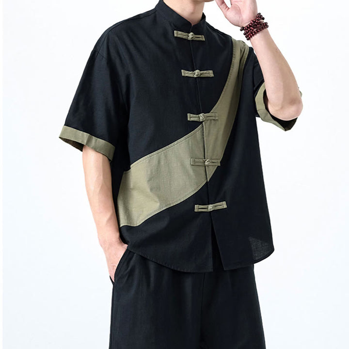 Buddha Stones Frühlingsfarbenkontrast Chinesisches Froschknopf-Design Herrenhemd aus Baumwolle und Leinen mit halben Ärmeln - image 6