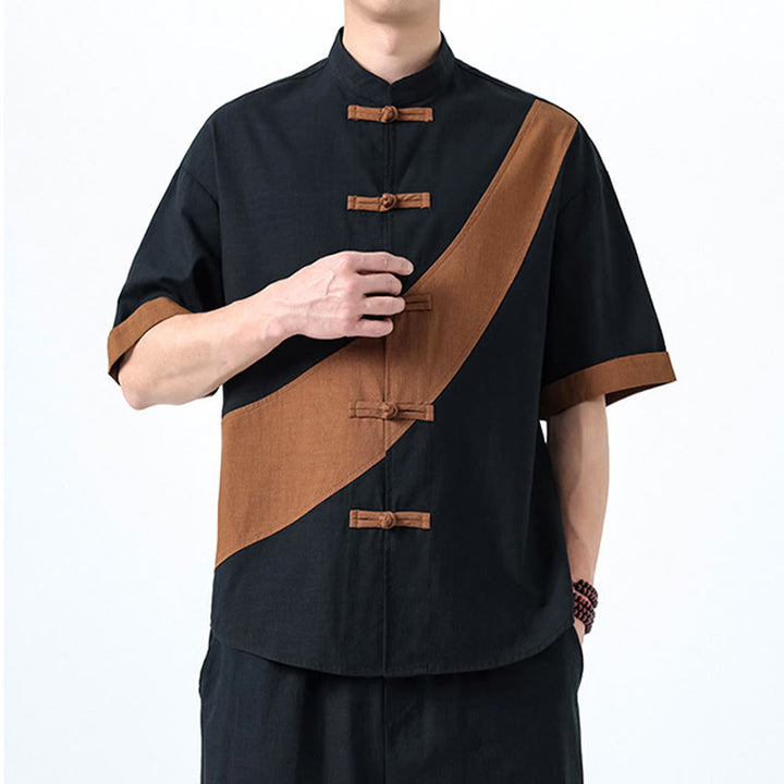 Buddha Stones Frühlingsfarbenkontrast Chinesisches Froschknopf-Design Herrenhemd aus Baumwolle und Leinen mit halben Ärmeln - image 32