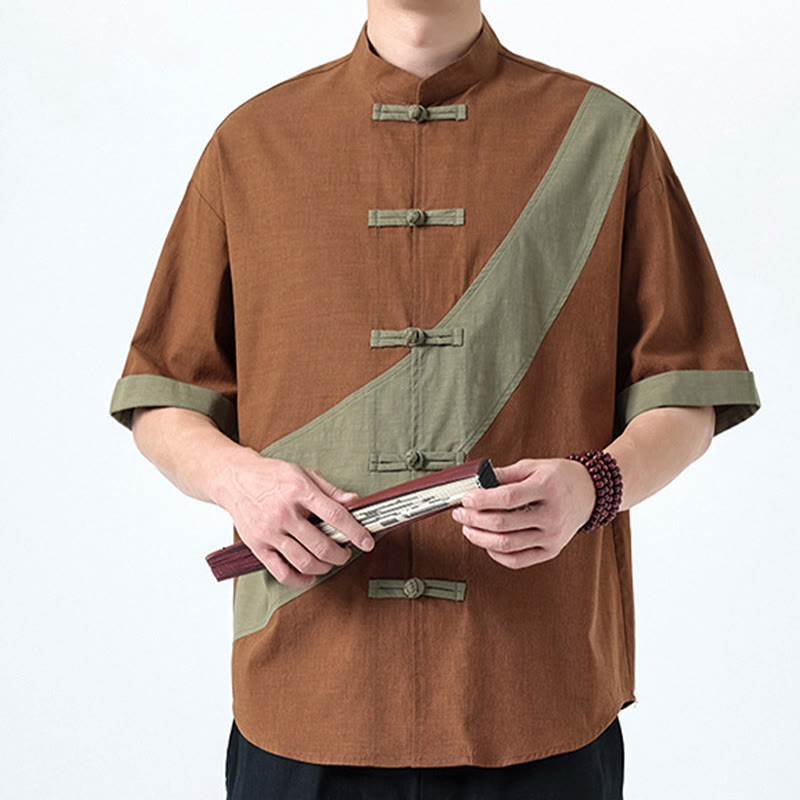 Buddha Stones Frühlingsfarbenkontrast Chinesisches Froschknopf-Design Herrenhemd aus Baumwolle und Leinen mit halben Ärmeln - image 25