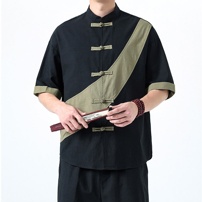 Buddha Stones Frühlingsfarbenkontrast Chinesisches Froschknopf-Design Herrenhemd aus Baumwolle und Leinen mit halben Ärmeln - image 5