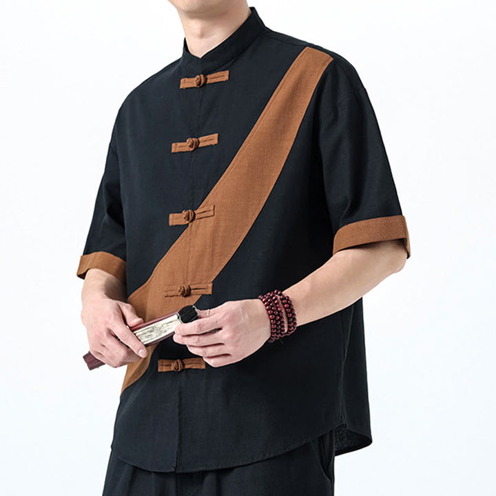 Buddha Stones Frühlingsfarbenkontrast Chinesisches Froschknopf-Design Herrenhemd aus Baumwolle und Leinen mit halben Ärmeln - image 29