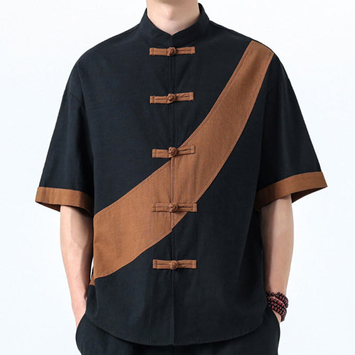 Buddha Stones Frühlingsfarbenkontrast Chinesisches Froschknopf-Design Herrenhemd aus Baumwolle und Leinen mit halben Ärmeln - image 34