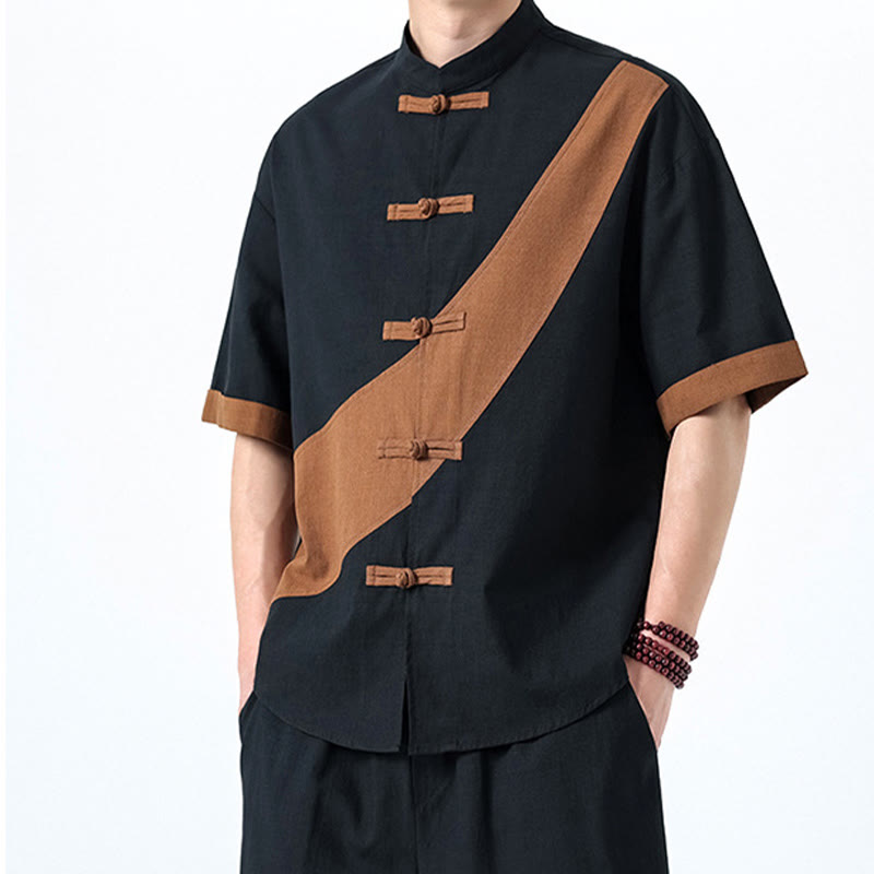 Buddha Stones Frühlingsfarbenkontrast Chinesisches Froschknopf-Design Herrenhemd aus Baumwolle und Leinen mit halben Ärmeln - image 33