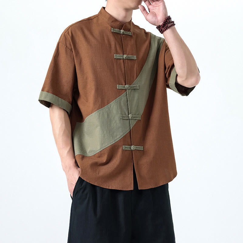 Buddha Stones Frühlingsfarbenkontrast Chinesisches Froschknopf-Design Herrenhemd aus Baumwolle und Leinen mit halben Ärmeln - image 27