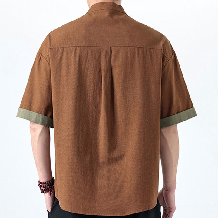 Buddha Stones Frühlingsfarbenkontrast Chinesisches Froschknopf-Design Herrenhemd aus Baumwolle und Leinen mit halben Ärmeln - image 24